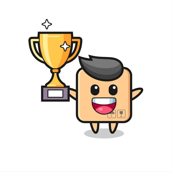 Cartoon Ilustracja Pudełka Kartonowego Jest Szczęśliwy Trzymając Złote Trofeum Ładny — Wektor stockowy