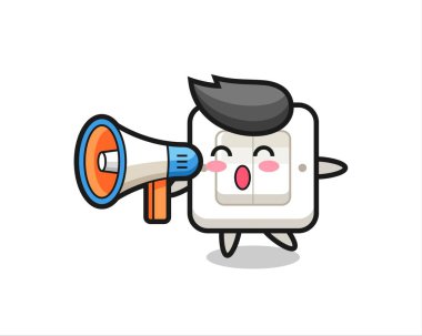 Tişört, etiket, logo ögesi için megafon, şirin bir tasarım tutan ışık anahtarı karakter illüstrasyonu