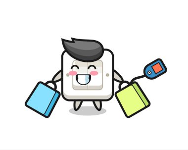 Bir alışveriş çantası tutan ışık anahtarı maskotu karikatürü, tişört, çıkartma, logo elementi için şirin bir tasarım.