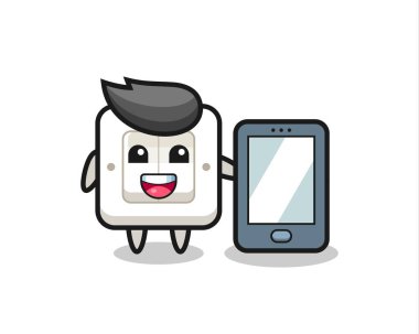 Akıllı telefon tutan ışık düğmesi çizimi karikatürü, tişört, etiket, logo elementi için şirin tasarım