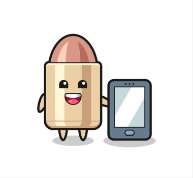 Bir akıllı telefon taşıyan kurşun çizimi karikatürü, tişört, çıkartma, logo elementi için şirin bir tasarım.