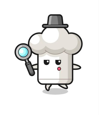 Şef şapka çizgi film karakteri büyüteçle arıyor. Tişört, çıkartma, logo elementi için şirin bir tasarım.