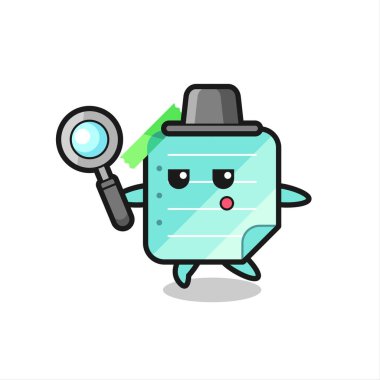 Yapışkan notlar çizgi film karakteri büyüteçle arıyor, tişört, etiket, logo elementi için şirin bir tasarım.