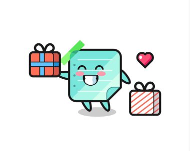 Yapışkan notlar, maskot çizgi filmi hediyeyi veriyor. Tişört, çıkartma, logo elementi için şirin bir tasarım.