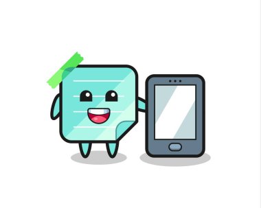 Yapışkan notlar çizim karikatürü elinde akıllı telefon, tişört, etiket, logo ögesi için şirin bir tasarım.