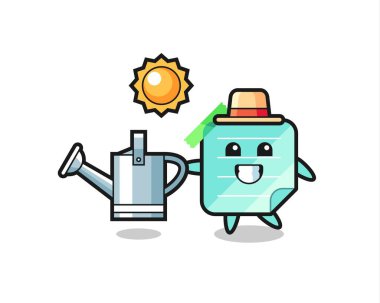 Sulama kutusu tutan yapışkan notların çizgi film karakteri, tişört, etiket, logo ögesi için şirin bir tasarım.