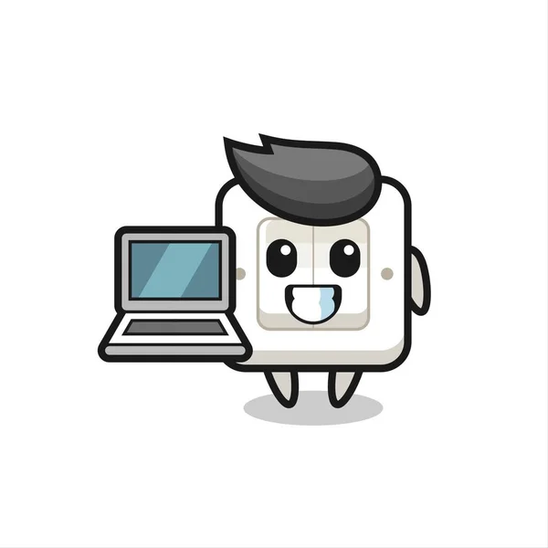 Mascotte Illustratie Van Lichtschakelaar Met Laptop Leuk Design Voor Shirt — Stockvector