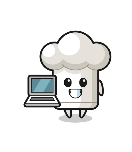 Mascotte Illustration Chapeau Chef Avec Ordinateur Portable Design Style Mignon — Image vectorielle