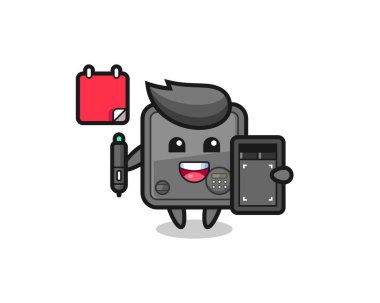 Güvenli kutu maskotunun grafiksel tasarımcı olarak tasviri, tişört, etiket, logo elementi için şirin tasarım