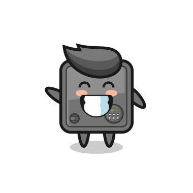 Güvenli kutu çizgi film karakteri el hareketi yapıyor. Tişört, çıkartma, logo elementi için şirin bir tasarım.