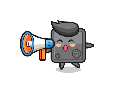 Güvenli kutu karakteri çizimi megafon taşıyor, tişört, etiket, logo ögesi için şirin bir tasarım.