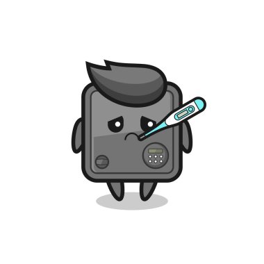 Ateşli güvenli kutu maskotu karakteri, tişört, çıkartma, logo elementi için şirin bir tasarım.