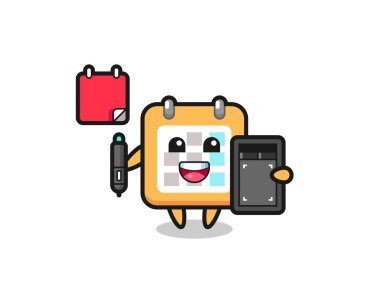 Takvim maskotunun grafiksel tasarımcı olarak tasviri, tişört, etiket, logo ögesi için şirin tasarım