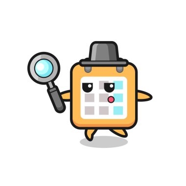 Takvim çizgi film karakteri büyüteçle arıyor, tişört, etiket, logo ögesi için şirin bir tasarım.