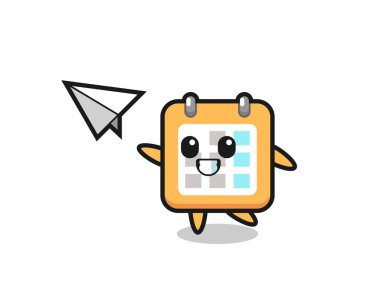 Takvim çizgi filmi karakteri kağıt uçak fırlatma, tişört, etiket, logo ögesi için şirin tasarım