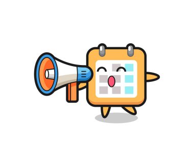 Tişört, etiket, logo ögesi için sevimli bir tasarım olan megafon tutan takvim karakteri çizimi