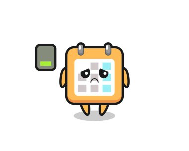 Takvim maskotu yorgun bir jest yapıyor. Tişört, etiket, logo ögesi için şirin bir tasarım.