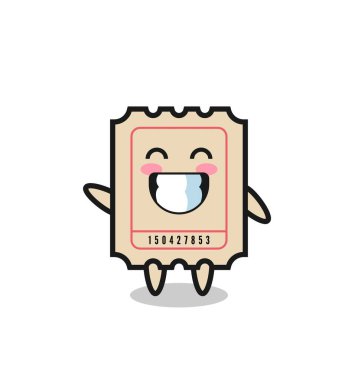 Bilet karikatürü karakteri el hareketi yapıyor, tişört, etiket, logo ögesi için şirin bir tasarım yapıyor.