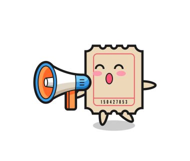 Bilet karakteri çizimi elinde megafon, tişört, etiket, logo ögesi için şirin bir tasarım.