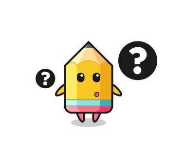 Soru işareti olan kalemlerin çizgi film çizimi, tişört, etiket, logo ögesi için şirin bir tasarım.