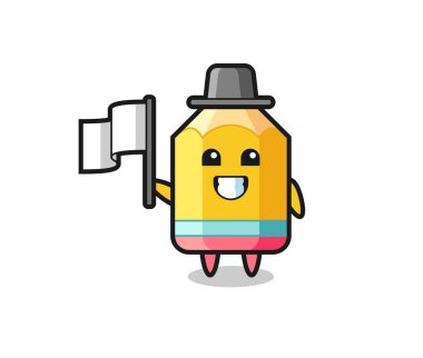 Bayrak tutan kalem karakteri, tişört, etiket, logo ögesi için şirin bir tasarım.