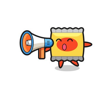 Atıştırmalık karakter çizimi elinde megafon, tişört, etiket, logo elementi için şirin bir tasarım.