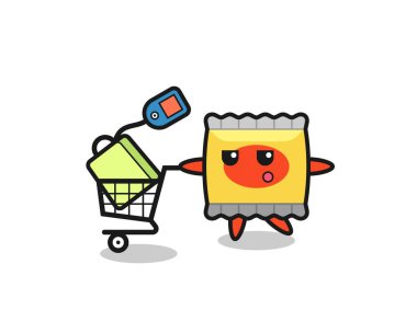 Alışveriş arabalı abur cubur çizimi, tişört, etiket, logo elementi için şirin bir tasarım.