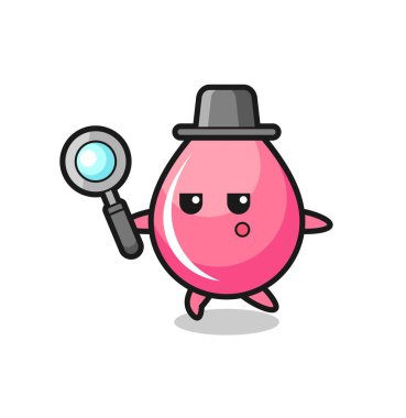 Çilek suyu damlası çizgi film karakteri büyüteçle arıyor tişört, çıkartma, logo elementi için şirin bir tasarım.