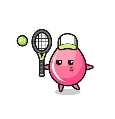 Bir tenis oyuncusu olarak çilek suyu damlası çizgi film karakteri, tişört, etiket, logo elementi için şirin bir tasarım.