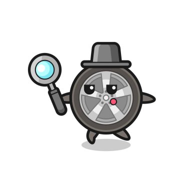 Araba tekerleği çizgi film karakteri büyüteçle arıyor, tişört, çıkartma, logo elementi için şirin bir tasarım.