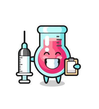 Doktor olarak laboratuvar beher kabının maskotu, tişört, çıkartma ve logo elementi için şirin bir tasarım.