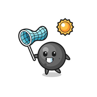 Top topu maskotu illüstrasyonu kelebeği yakalıyor, tişört, çıkartma, logo elementi için şirin bir tasarım.