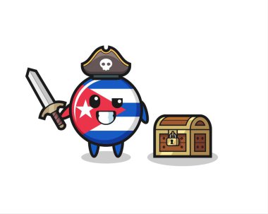 The cuba flag badge pirate character holding sword beside a treasure box , cute style design for t shirt, sticker, logo element vector