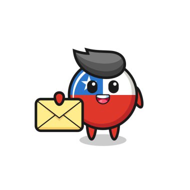 Sarı bir harf taşıyan Şili bayrağının çizgi film çizimi tişört, çıkartma, logo elementi için şirin bir tasarım.