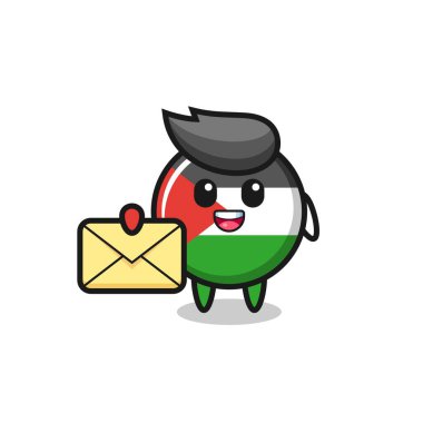 Sarı bir harf taşıyan Filistin bayrağı rozeti karikatürü. Tişört, çıkartma, logo elementi için şirin bir tasarım.