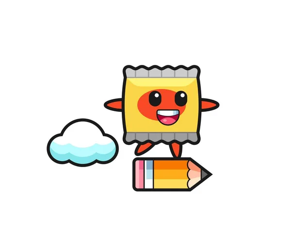 Snack Mascot Illustration Riding Giant Pencil Cute Style Design Shirt — ストックベクタ