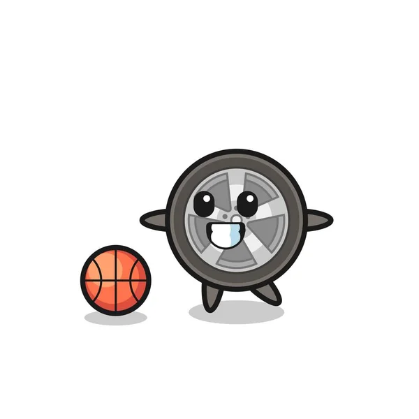 Ілюстрація Мультфільму Колесо Автомобіля Грає Баскетбол Милий Дизайн Стилю Сорочки — стоковий вектор