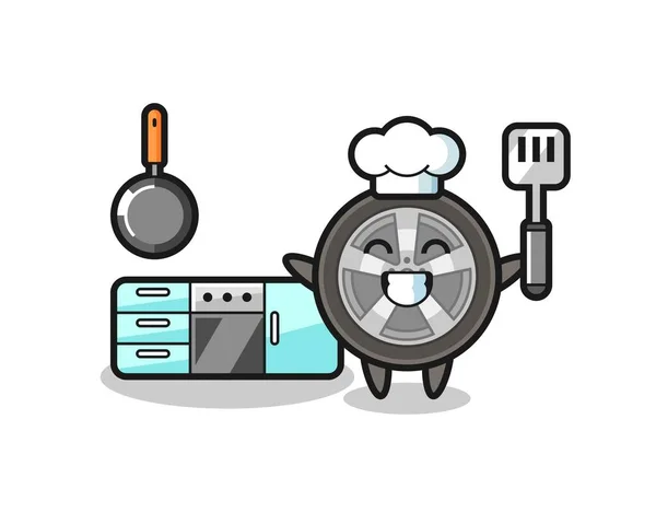 Car Wheel Character Illustration Chef Cooking Cute Style Design Shirt — Stock Vector