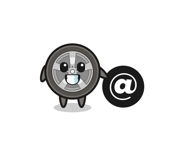 Γελοιογραφία Εικονογράφηση Του Τροχού Του Αυτοκινήτου Στέκεται Δίπλα Στο Σύμβολο — Διανυσματικό Αρχείο
