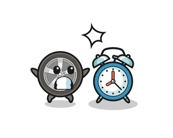 Cartoon Illustration Car Wheel Surprised Giant Alarm Clock Cute Style — Stock Vector