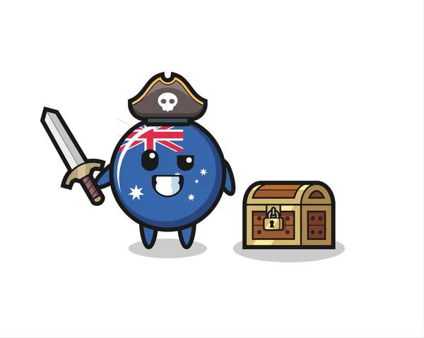 Australia Flag Badge Pirate Character Holding Sword Treasure Box Cute — Stock Vector