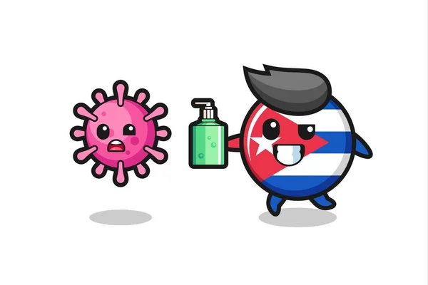 Küba Bayrağı Karakteri Dezenfektanı Ile Kötü Virüsü Kovalıyor Tişört Çıkartma — Stok Vektör
