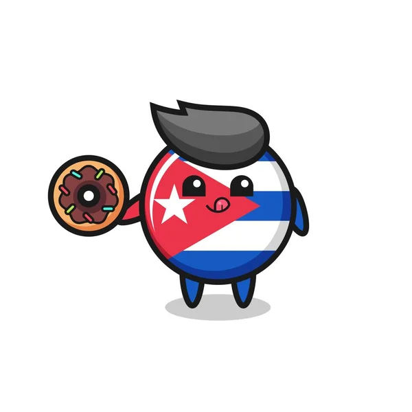ドーナツを食べるキューバ国旗バッジキャラクターのイラスト Tシャツ ステッカー ロゴ要素のかわいいスタイルデザイン — ストックベクタ