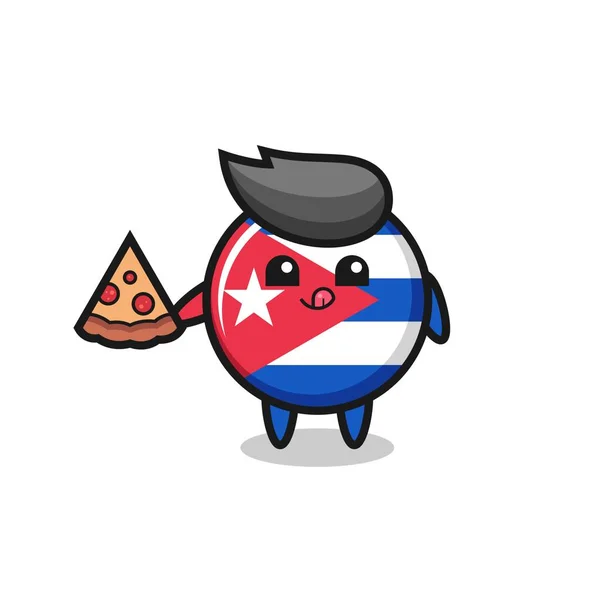 Tatlı Küba Bayrağı Karikatürü Pizza Yiyor Tişört Çıkartma Logo Elementi — Stok Vektör