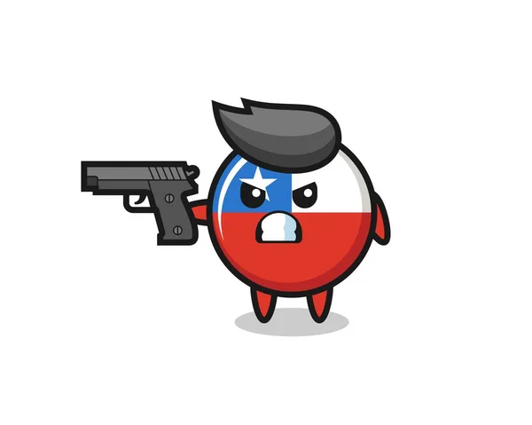 Den Söta Chile Flagga Badge Karaktär Skjuta Med Pistol Söt — Stock vektor