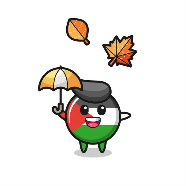 Karikatura Roztomilého Odznaku Palestinské Vlajky Deštníkem Podzim Roztomilý Styl Designu — Stockový vektor