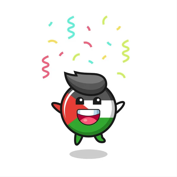 Šťastný Palestinský Vlajkový Maskot Skákání Pro Blahopřání Barevnými Konfety Roztomilý — Stockový vektor