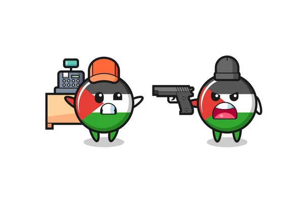 Illust Cute Palestine Flag Badge Cashier Pointed Gun Robber Cute — Vector de stock