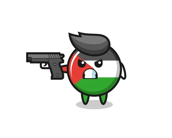 Bandera Palestina Lindo Personaje Insignia Disparar Con Una Pistola Diseño — Vector de stock