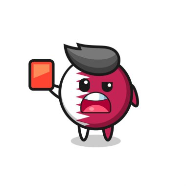 Hakem olarak Katar bayrağı şirin maskotu kırmızı kart veriyor, tişört, çıkartma, logo elementi için şirin bir tasarım.